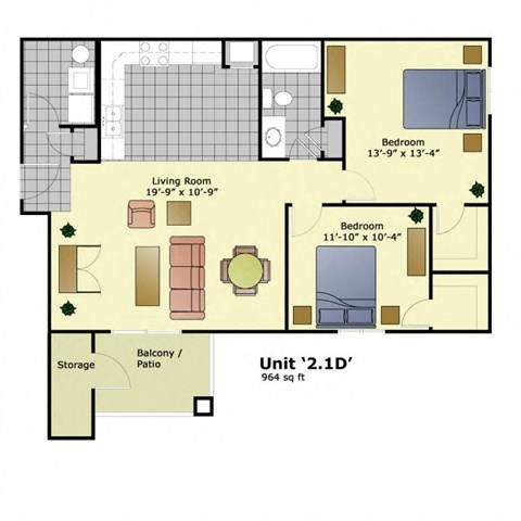 Floor plan for 2 beds, 1 bath, 964 sqft